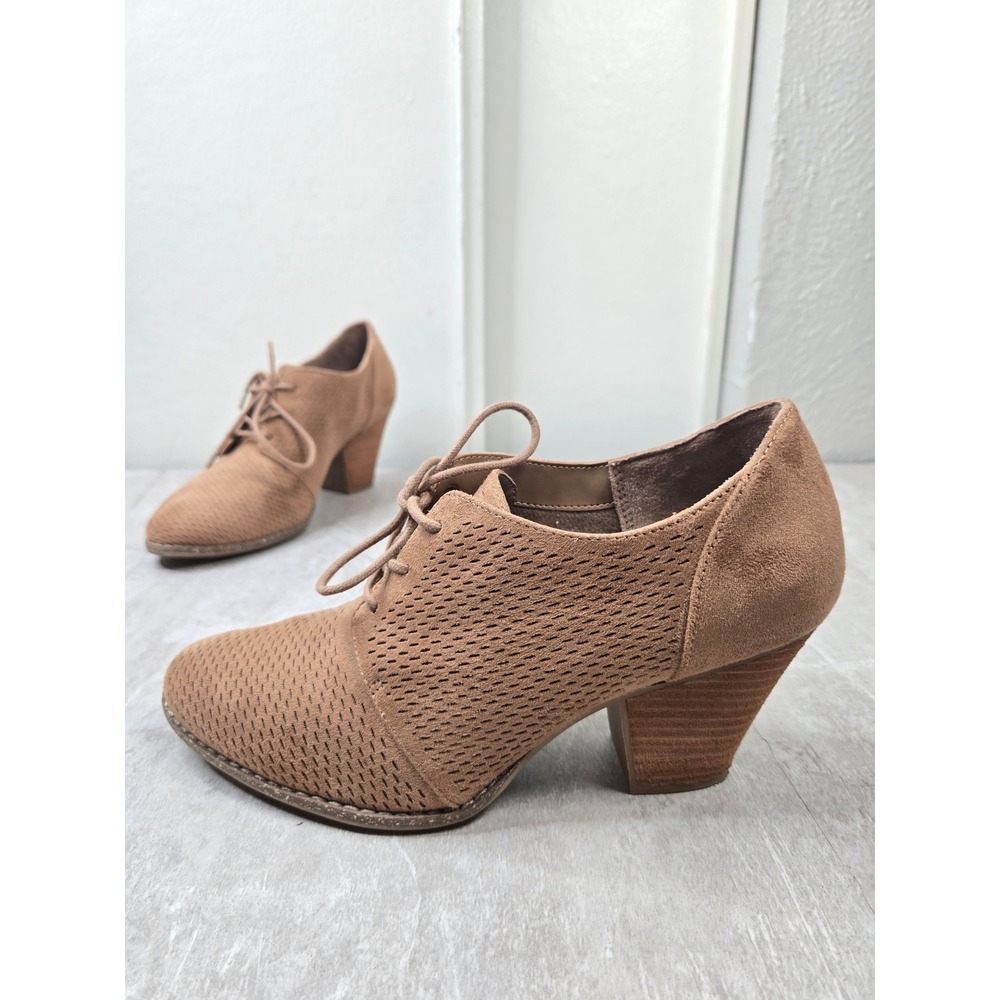 Lace Up Block Heel Oxford Ankle Bootie 8.5 Tan Corduroy Boot Comfort Preppy Twee
